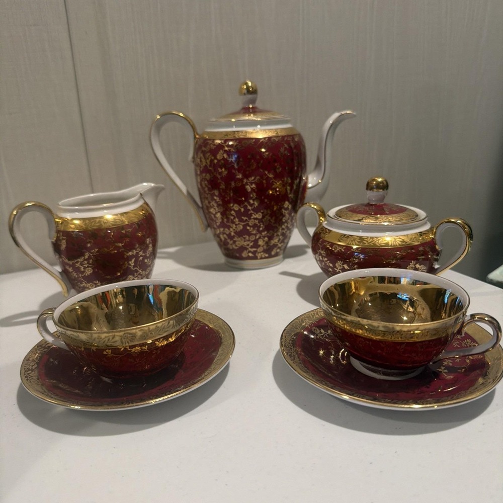 Antique 1920s PM Bavaria Moschendorf Tea Set Red 22K Gold Gilt Mint 9pc Art Deco